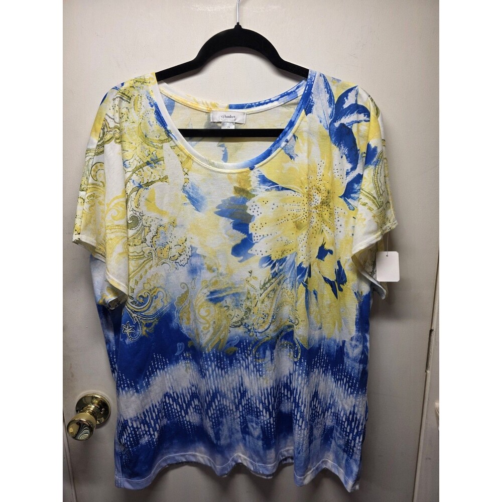CJ Banks Top Women's Multi Color Short Sleeve Rhinestones Pullover Size 2X